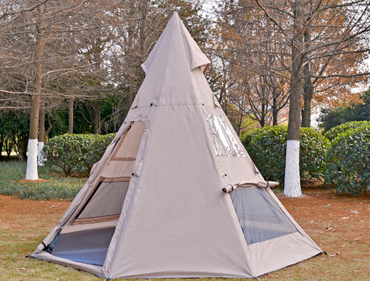 4-5 people camping outdoors in peaked tents